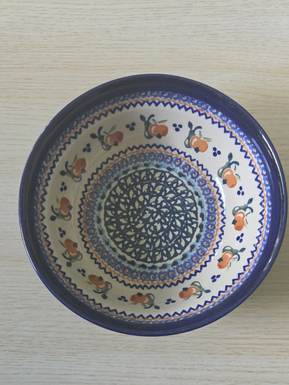 Hand-Painted Blue and Orange Ceramic Decorative Bowl